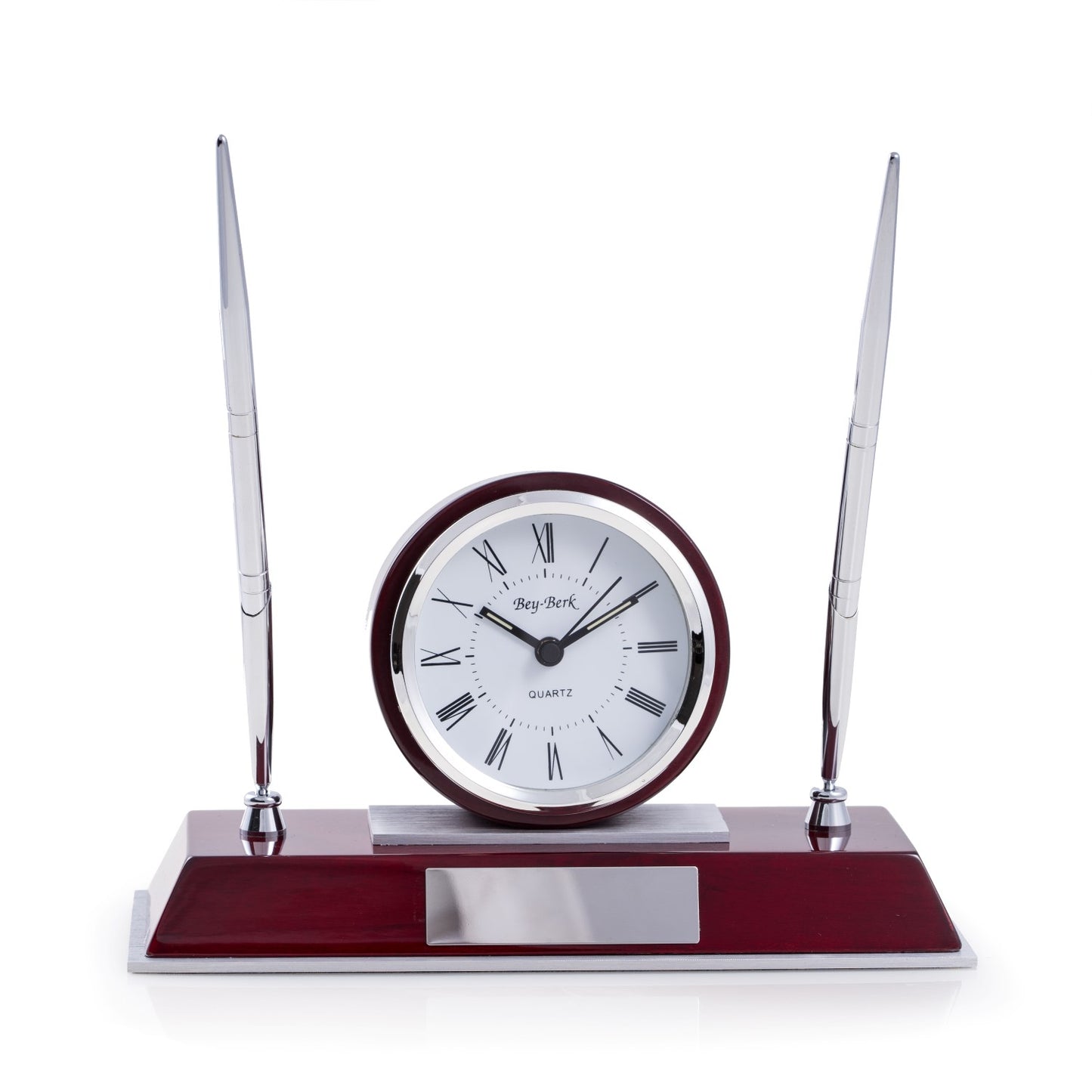 Occasion Gallery Rosewood/Chrome Color "Dresden", Lacquered "Rosewood" Quartz Desk Clock with Chrome & Stainless Steel Accents and 2 Pens. 5 L x 9 W x 3.75 H in.