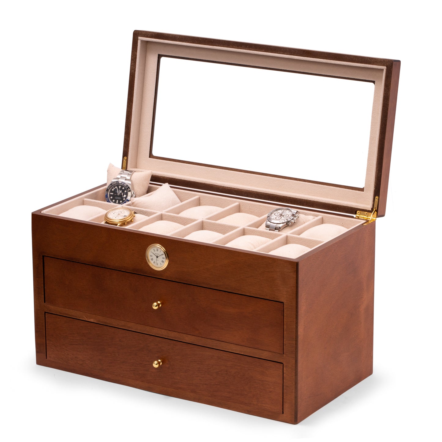 Occasion Gallery Chery Wood Color Cherry wood thirty-six watch box with quartz movement clock 16.25 L x 8.25 W x 9.5 H in.