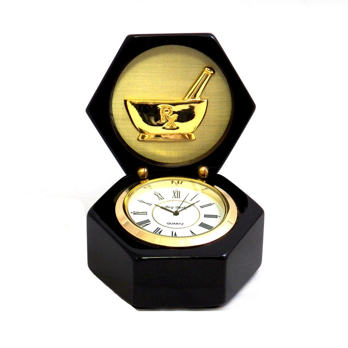 Occasion Gallery Black Color Pharmacy, Lacquered Black Wood Quartz Clock in Box. 3.25 L x 3.25 W x 4 H in.