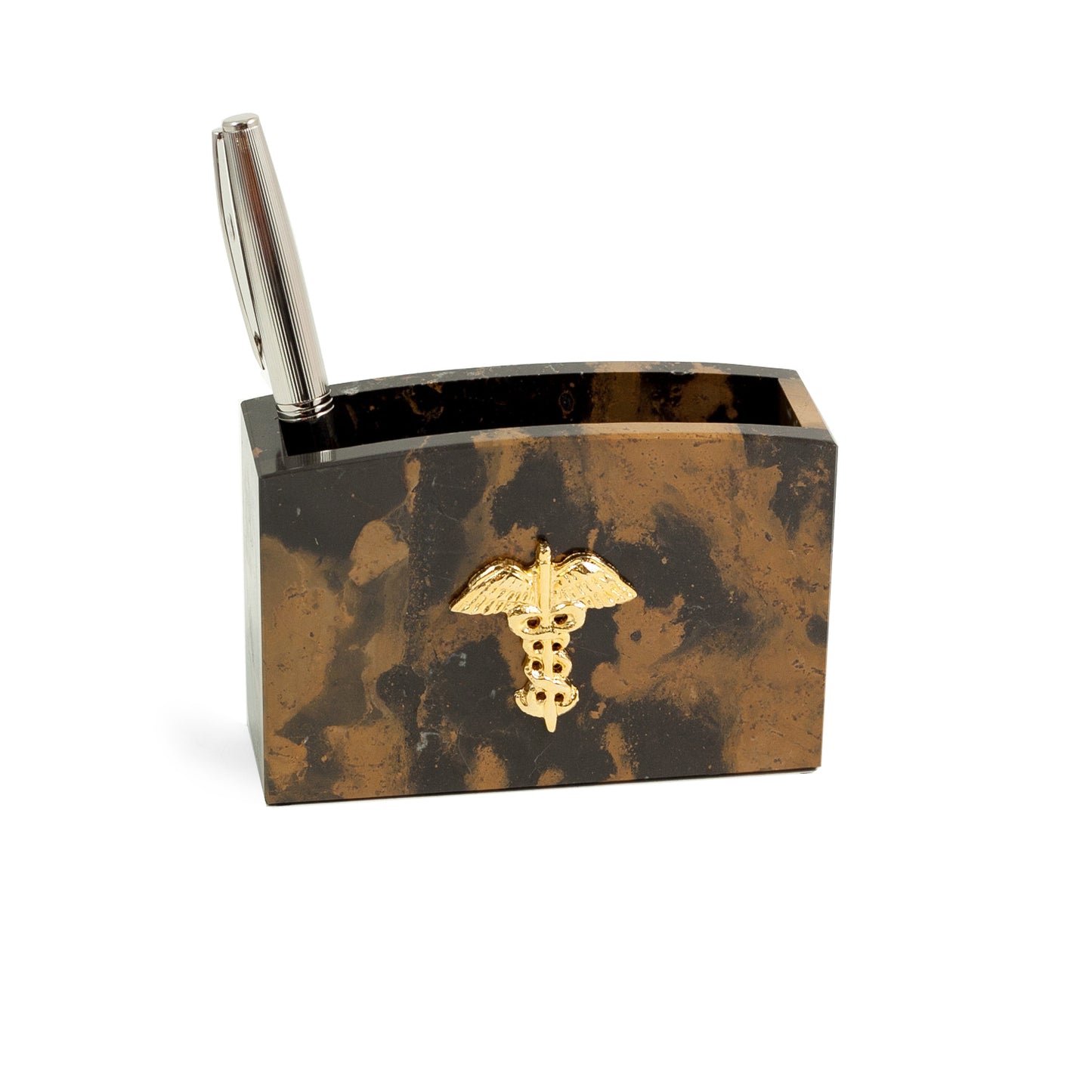 Occasion Gallery Marble/Gold Color Medical, "Tiger Eye" Marble Pen Cup with Gold Plated Accents. 4.5 L x 1.75 W x 3 H in.