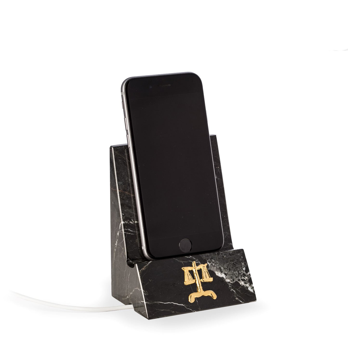 Occasion Gallery BLACK Color Black "Zebra" Marble Desktop Phone / Tablet Cradle with a Pass-thru Hole for Charging Cable. With Brass Legal Insignia. 3.25 L x 2.5 W x 4.25 H in.