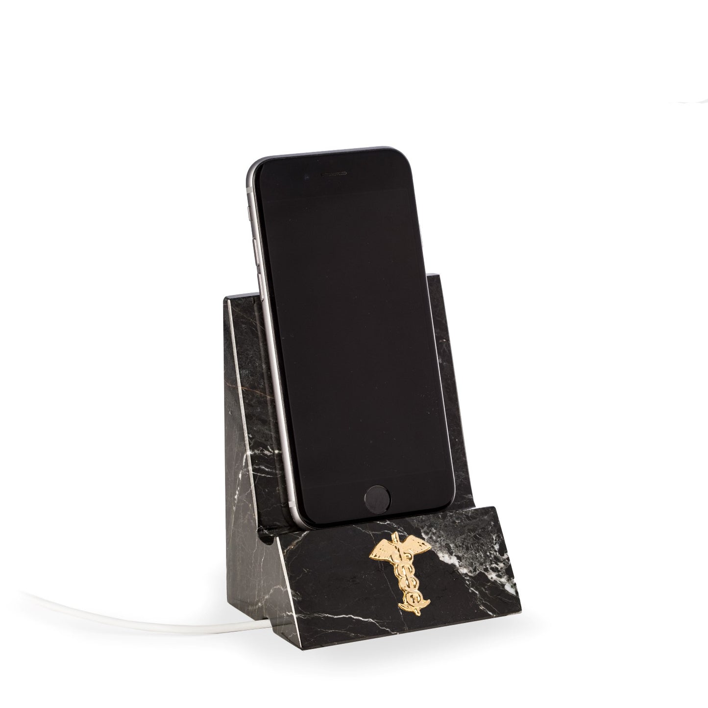 Occasion Gallery BLACK Color Black "Zebra" Marble Desktop Phone / Tablet Cradle with a Pass-thru Hole for Charging Cable. With Brass Medical Insignia. 3.25 L x 2.5 W x 4.5 H in.