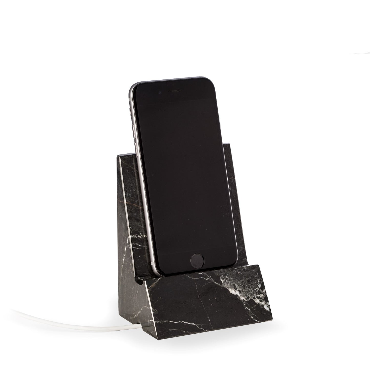 Occasion Gallery Black Color Black "Zebra" Marble Desktop Phone / Tablet Cradle with a Pass-thru Hole for Charging Cable. 3.25 L x 2.5 W x 4.5 H in.