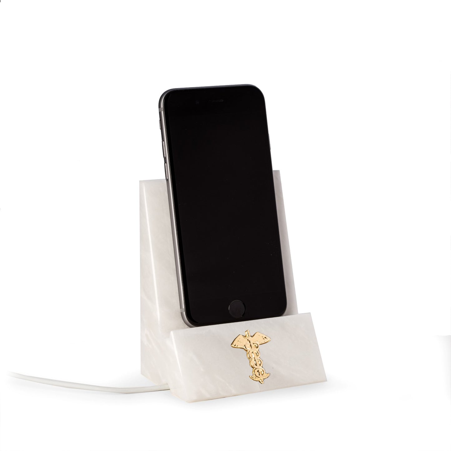Occasion Gallery WHITE Color White Marble Desktop Phone / Tablet Cradle with a Pass-thru Hole for Charging Cable. With Brass Medical Insignia 3.25 L x 2.5 W x 4.5 H in.