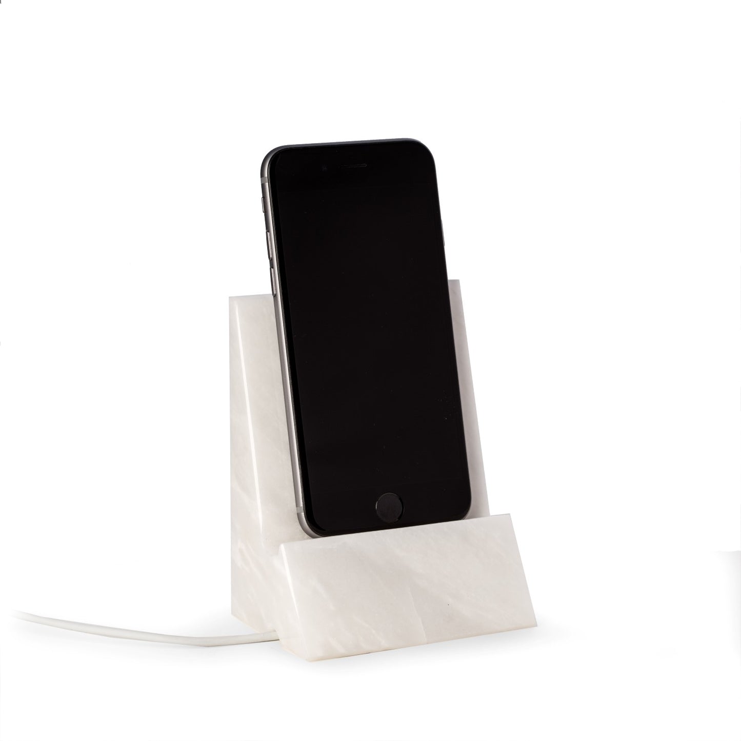 Occasion Gallery White Color White Marble Desktop Phone / Tablet Cradle with a Pass-thru Hole for Charging Cable. 3.25 L x 2.5 W x 4.5 H in.