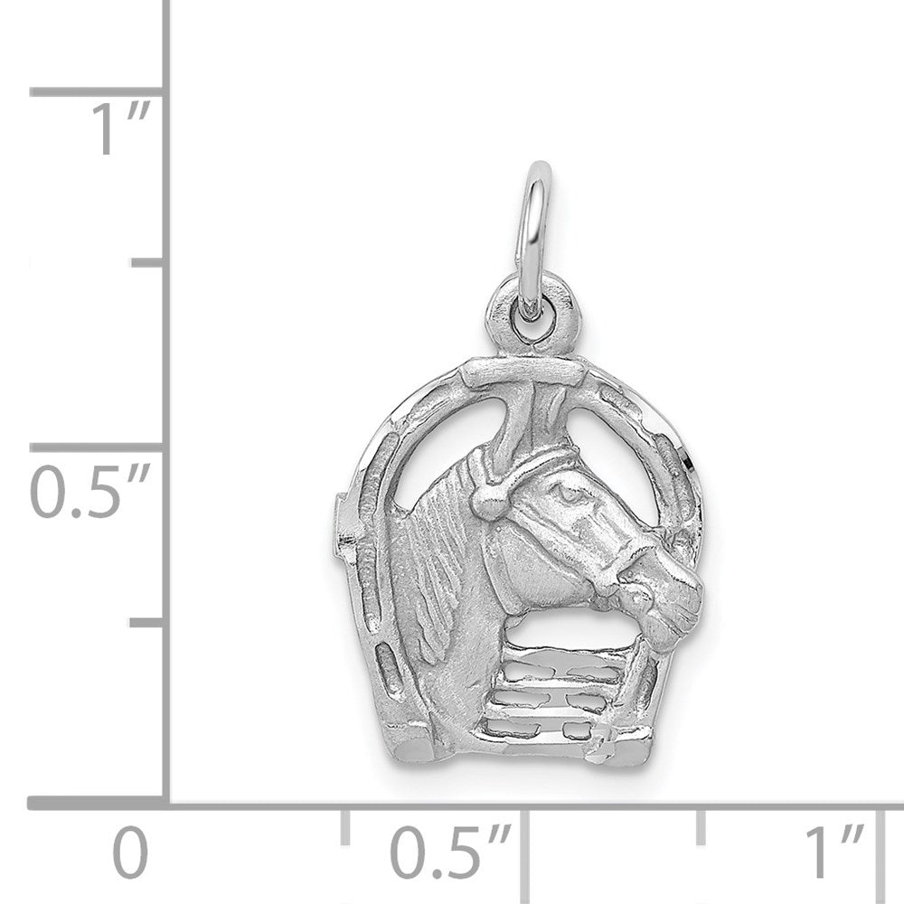 Million Charms 14K White Gold Themed Diamond-Cut Horse Head In Horseshoe Charm