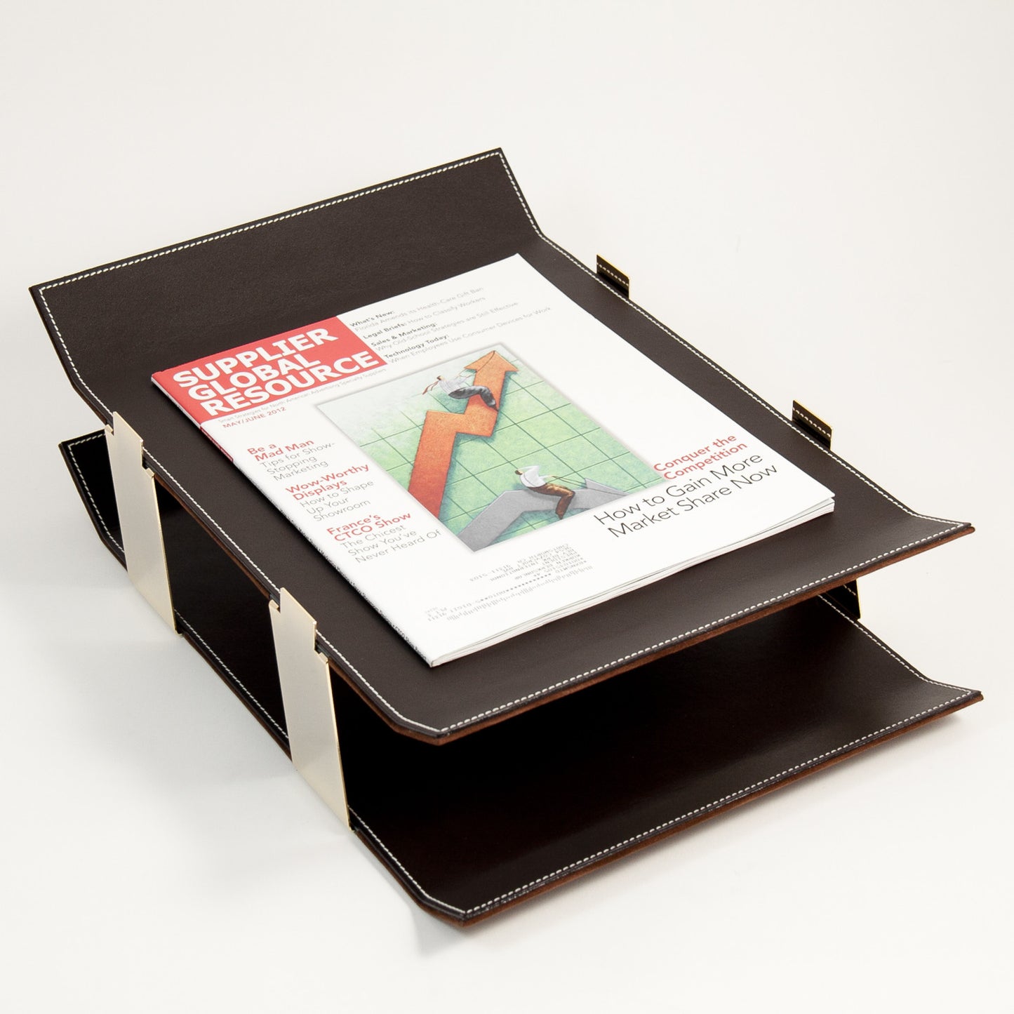 Occasion Gallery Brown Color Coco Brown Leather Double Letter Tray with Gold Plated Accents. 15.5 L x 11 W x 6 H in.