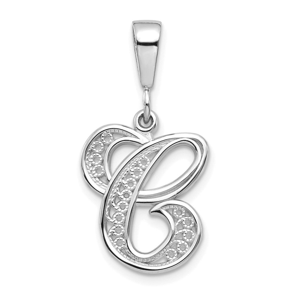 Dije de letra inicial C de Million Charms, estilo filigrana, pulido, sólido, de oro blanco de 14 K