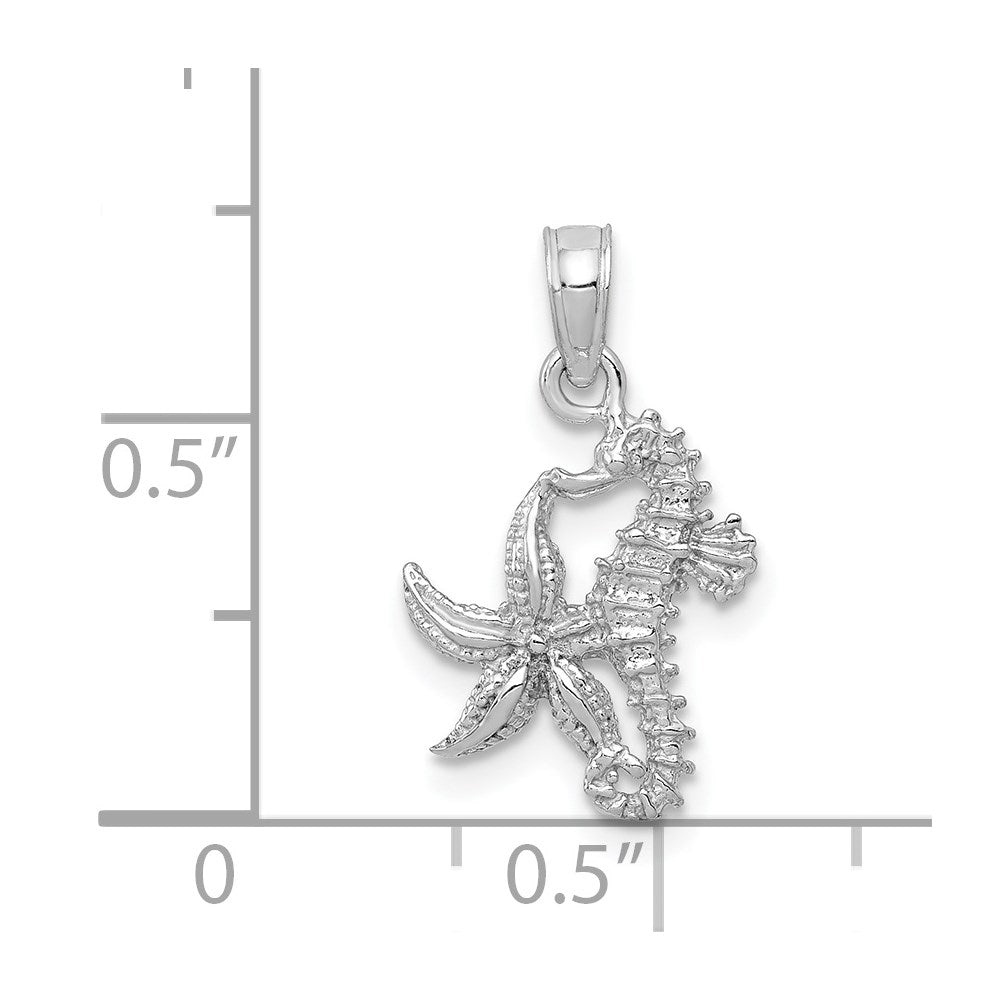 Million Charms 14K White Gold Themed Solid Nautical Seahorse & Nautical Starfish Pendant