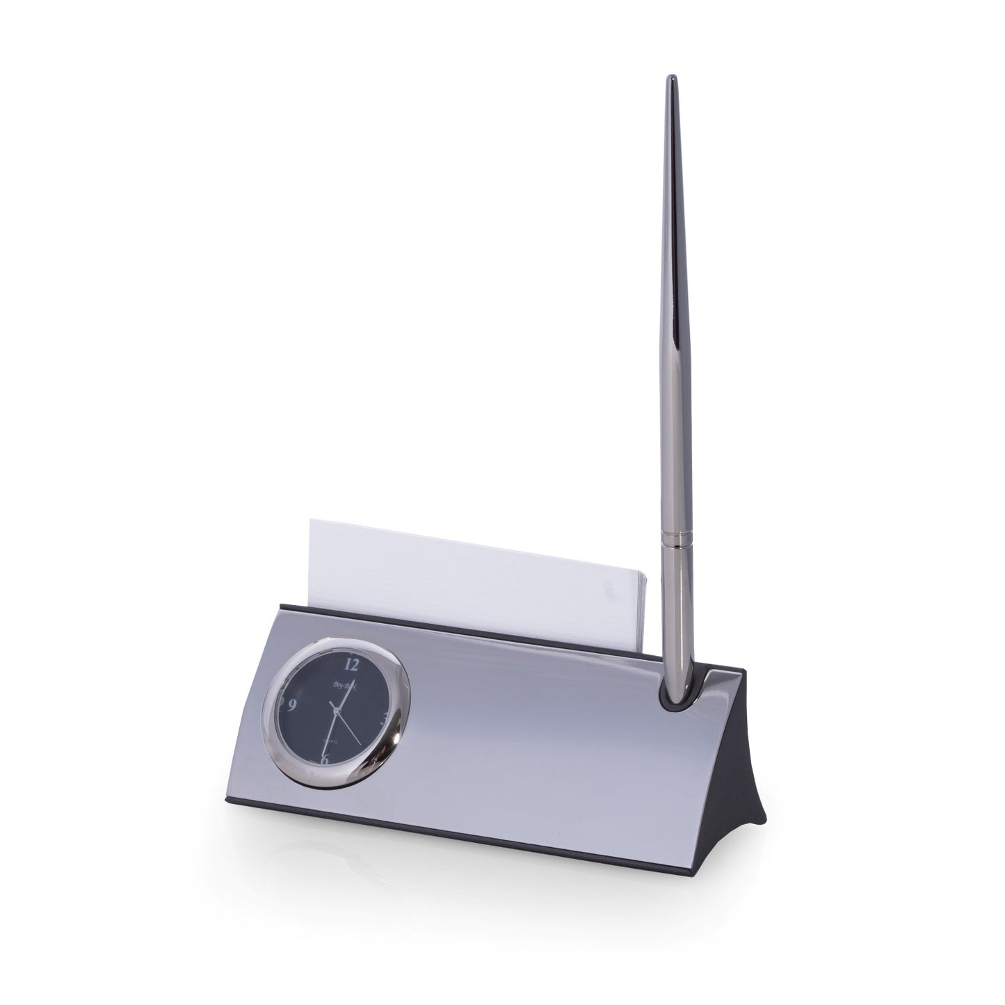 Occasion Gallery Silver Color Silver Plated Desk Quartz Clock with Business Card Holder and Pen. 5 L x 1.85 W x 7.25 H in.