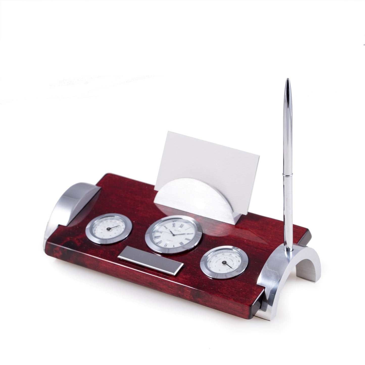 Occasion Gallery Rosewood/Chrome Color Lacquered "Rosewood" Weather Station with Chrome Accents. Includes Thermometer, Hygrometer, Quartz Clock, Business Card Holder and Pen 8.5 L x 4 W x 7 H in.