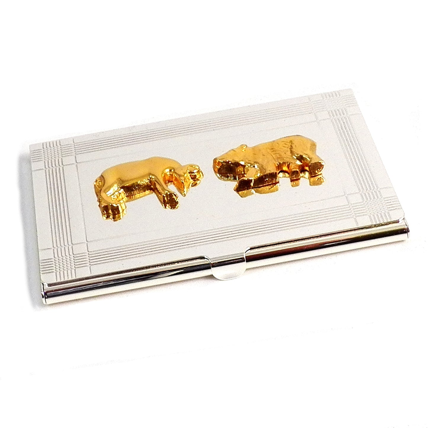 Occasion Gallery Silver Color Silver Plated Business Card Case with Gold Plated "Stock Market" Emblem. 3.85 L x 2.5 W x 0.15 H in.
