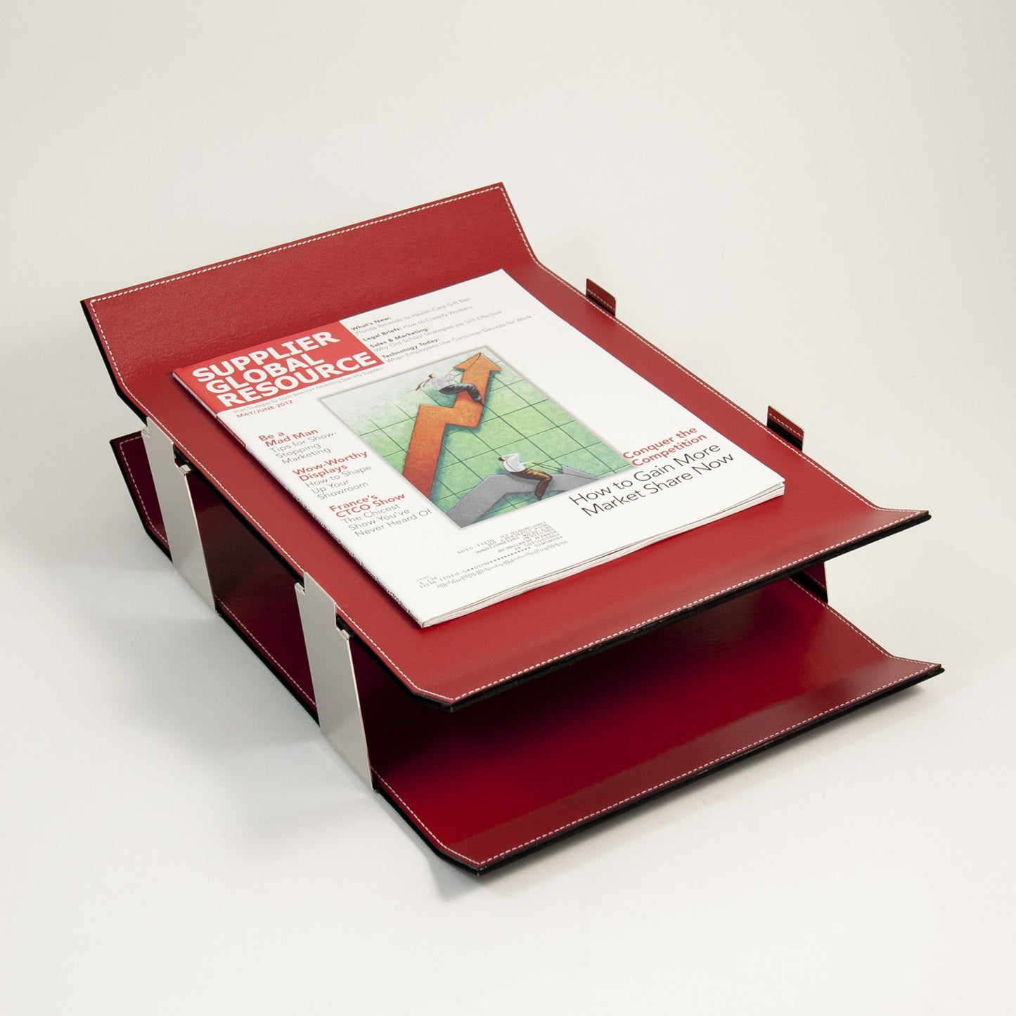 Occasion Gallery Red Color Red Leather Double Letter Tray with Chrome Accents. 15.5 L x 11 W x 6 H in.