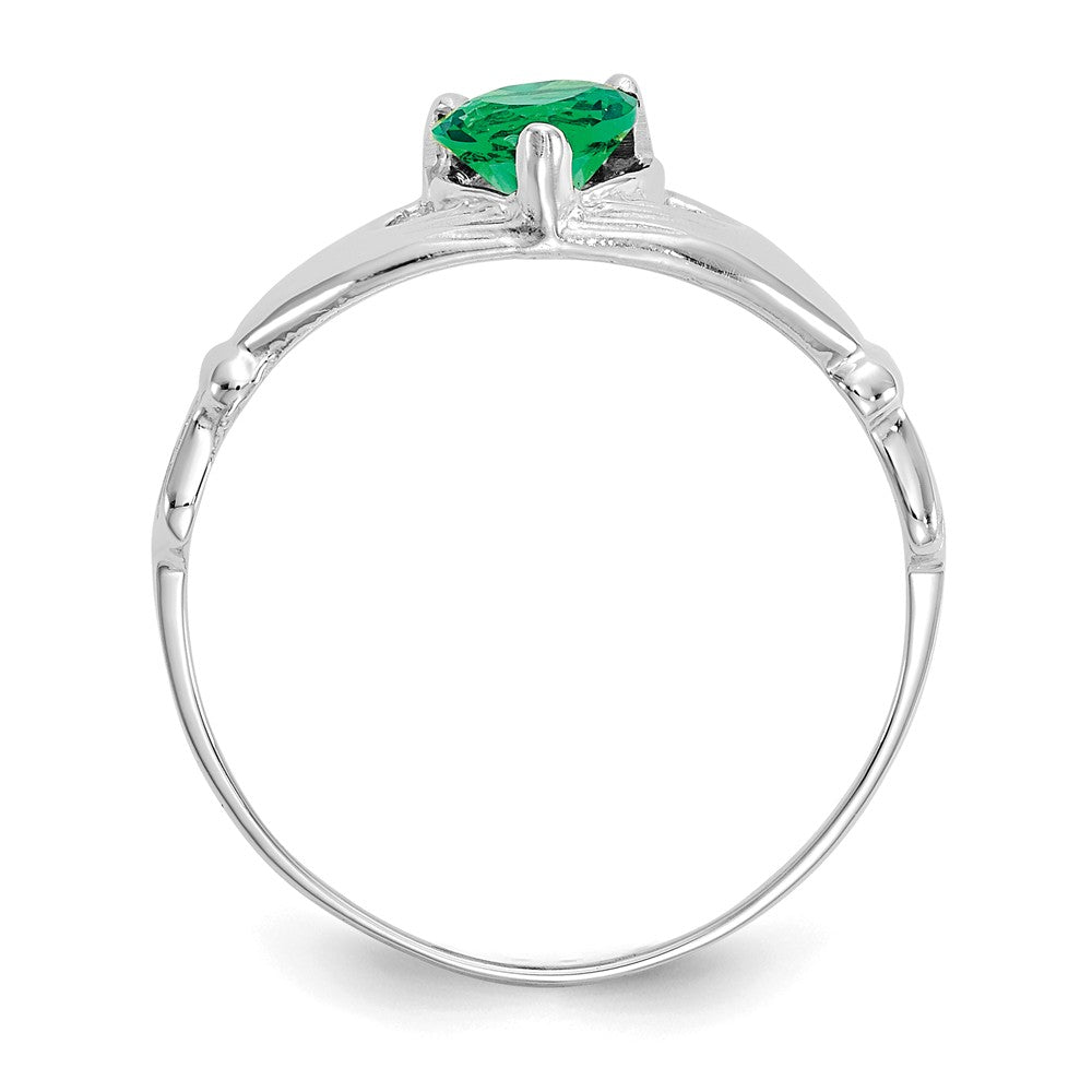 Anillo de Claddagh con corazón y circonita cúbica de piedra natal de mayo en oro blanco de 14 quilates, talla: 7.5