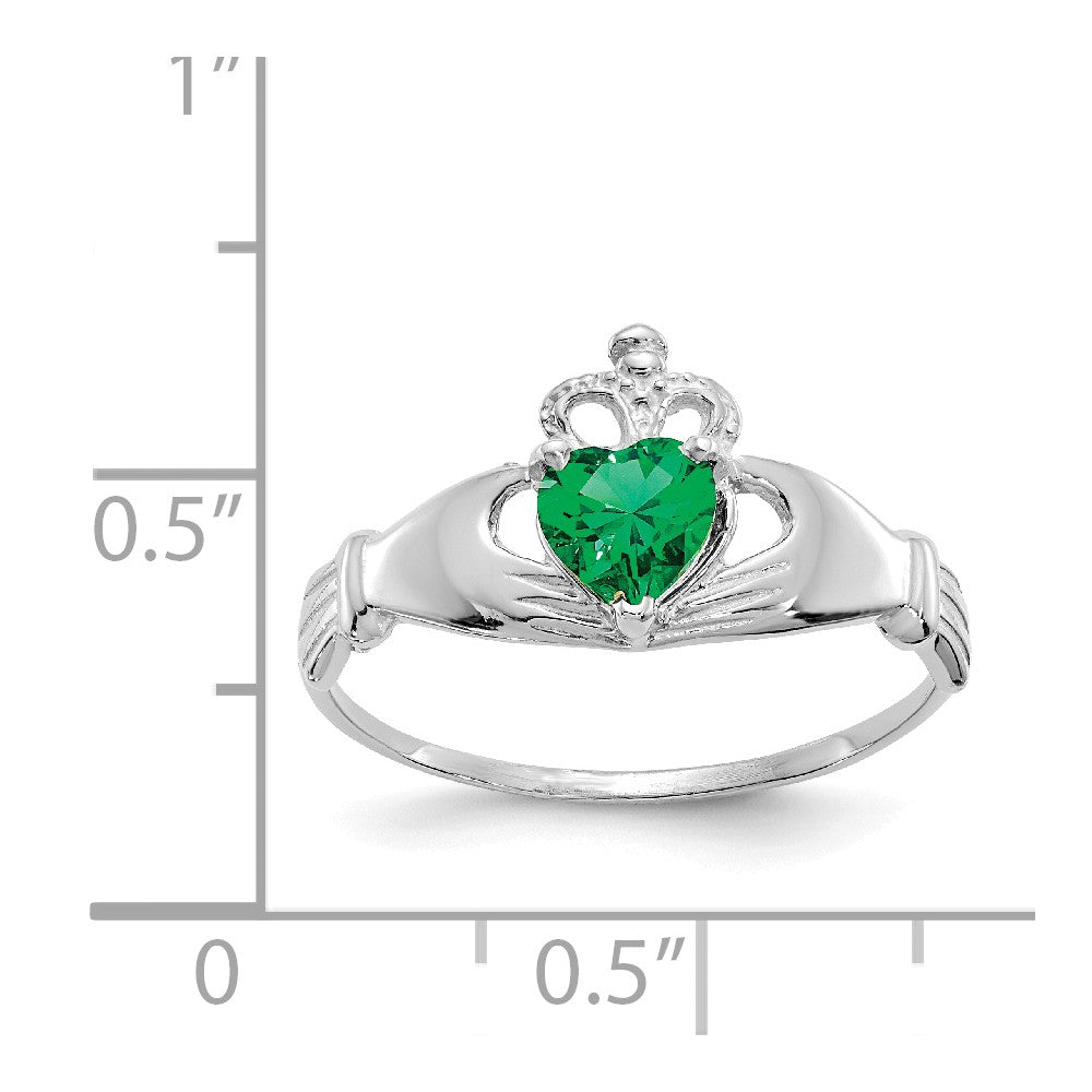 Anillo de Claddagh con corazón y circonita cúbica de piedra natal de mayo en oro blanco de 14 quilates, talla: 7.5