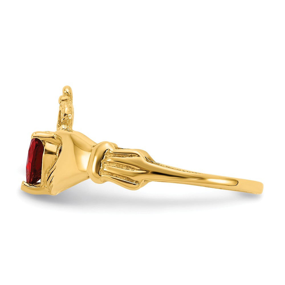 14k Yellow Gold CZ January Birthstone Claddagh Heart Ring, Size: 7
