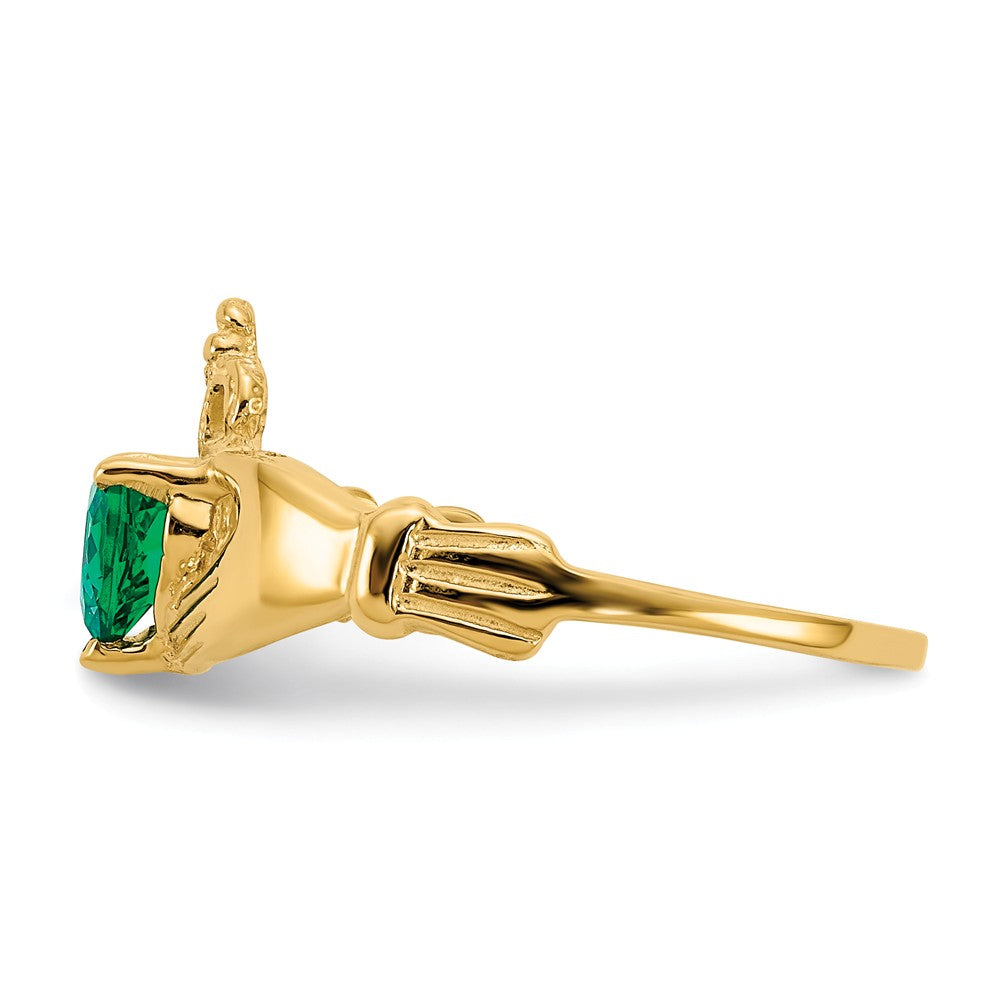 14k Yellow Gold CZ May Birthstone Claddagh Heart Ring, Size: 7