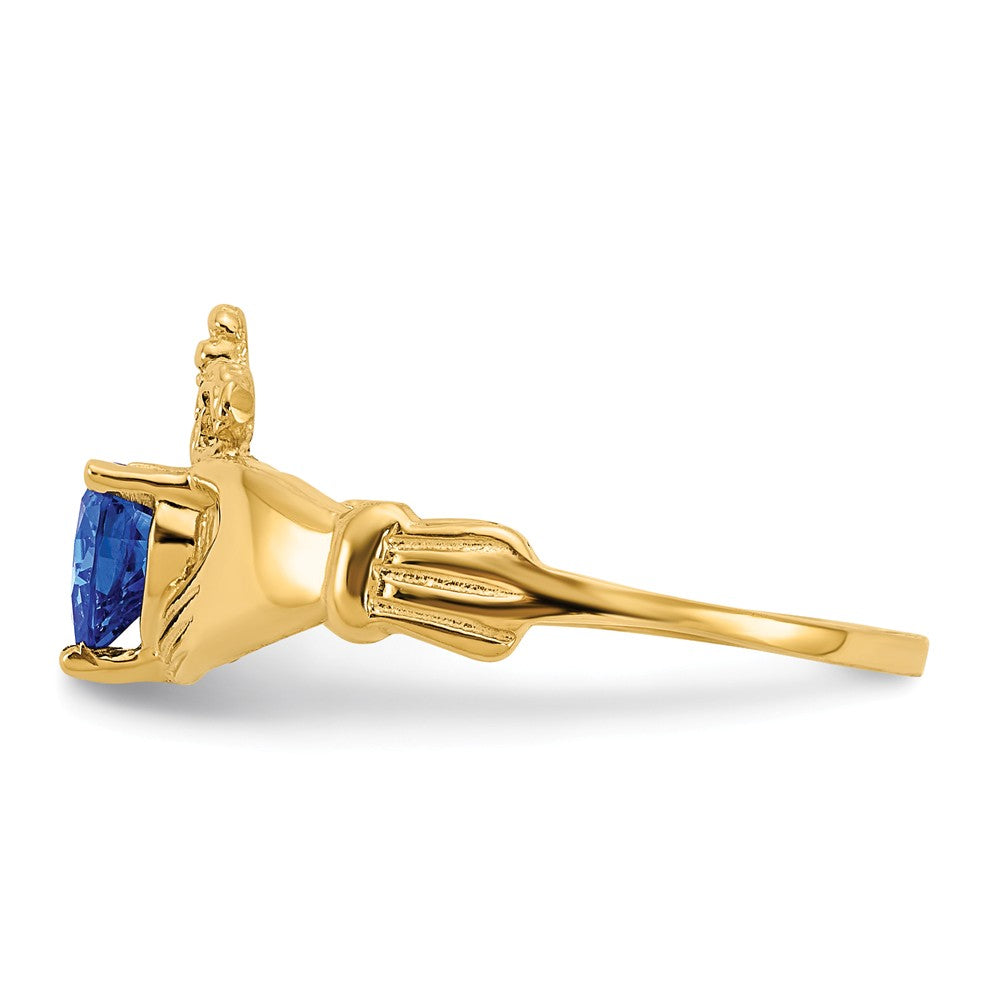 14k Yellow Gold CZ September Birthstone Claddagh Heart Ring, Size: 7