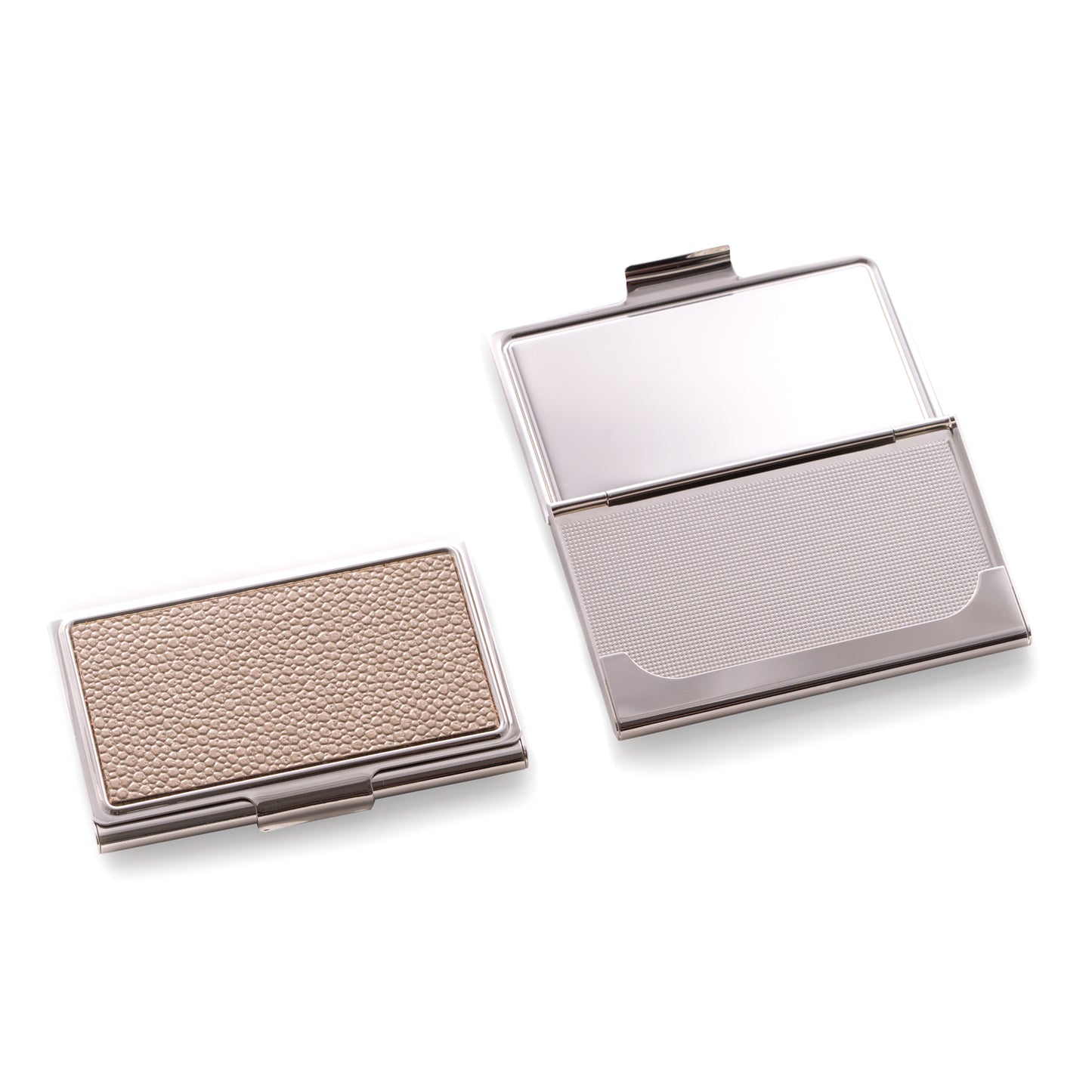 Occasion Gallery Silver Color Nickel Plated Business Card Case with Beige "Stingray" Design. 3.85 L x 2.35 W x 0.15 H in.