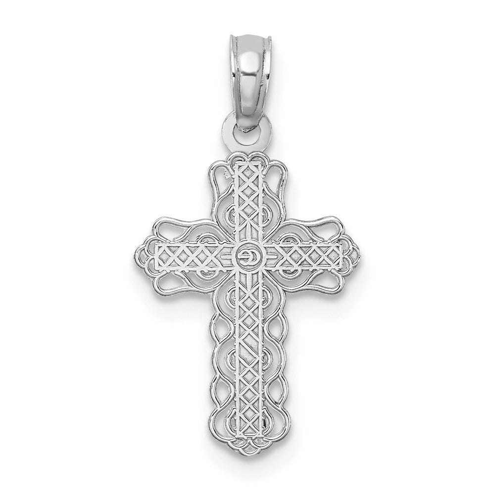 Million Charms 14K White Gold Themed With Lace Trim & Polished Center Relgious Cross Charm