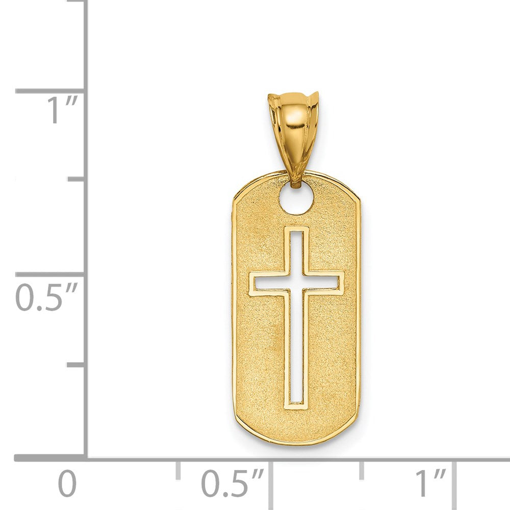Dije religioso de cruz con calado, pulido y con temática, en oro amarillo de 14 quilates de Million Charms