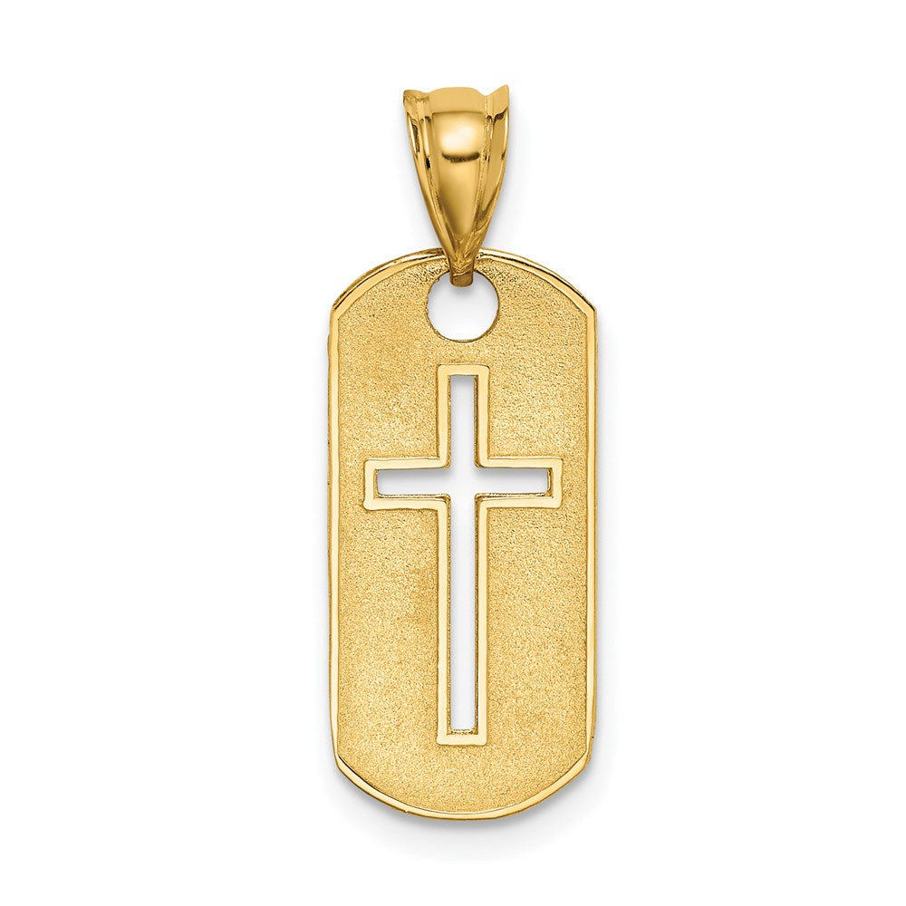 Dije religioso de cruz con calado, pulido y con temática, en oro amarillo de 14 quilates de Million Charms