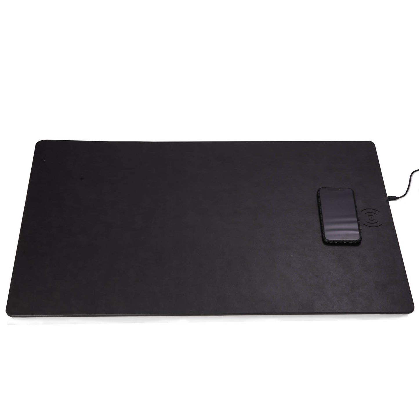 Occasion Gallery Black Color Leather desk blotter with built in wireless charging technology. 28 L x 18 W x 0.1 H in.
