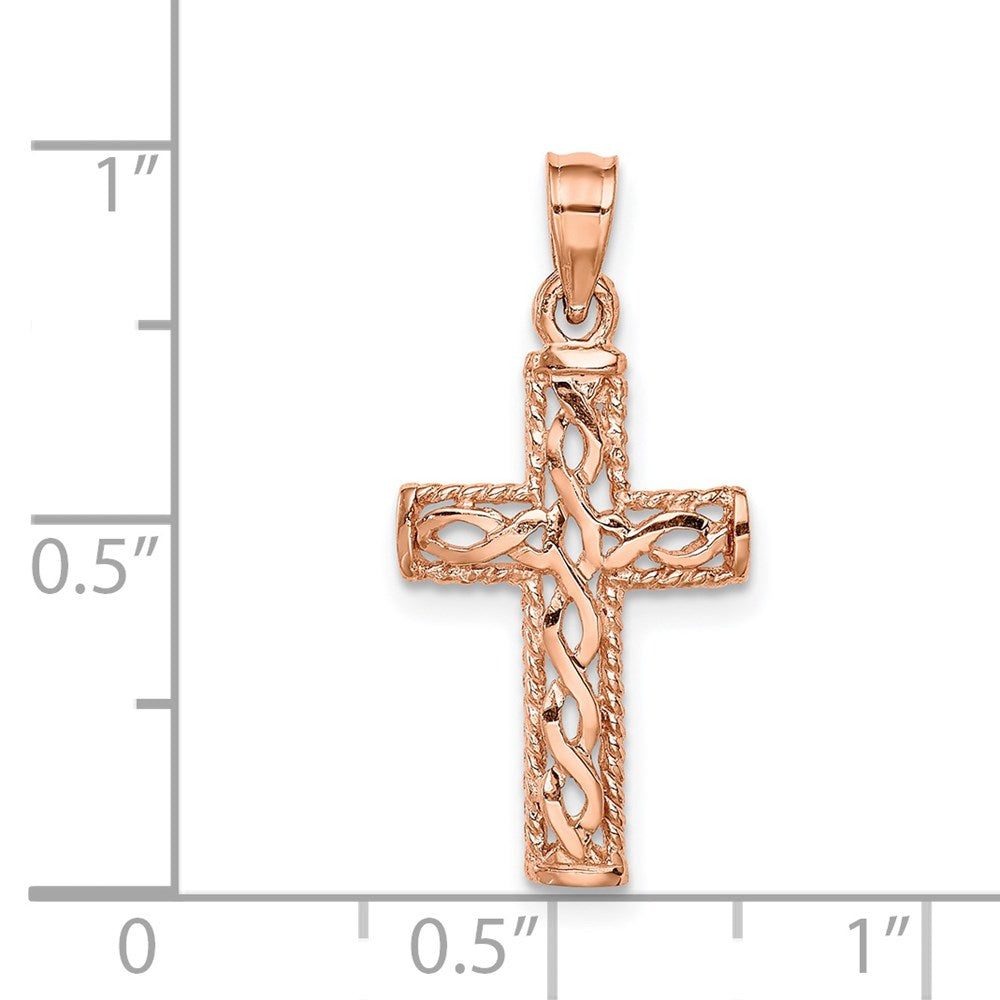 Million Charms 14K Rose Gold Themed Polished Braided Relgious Cross Pendant