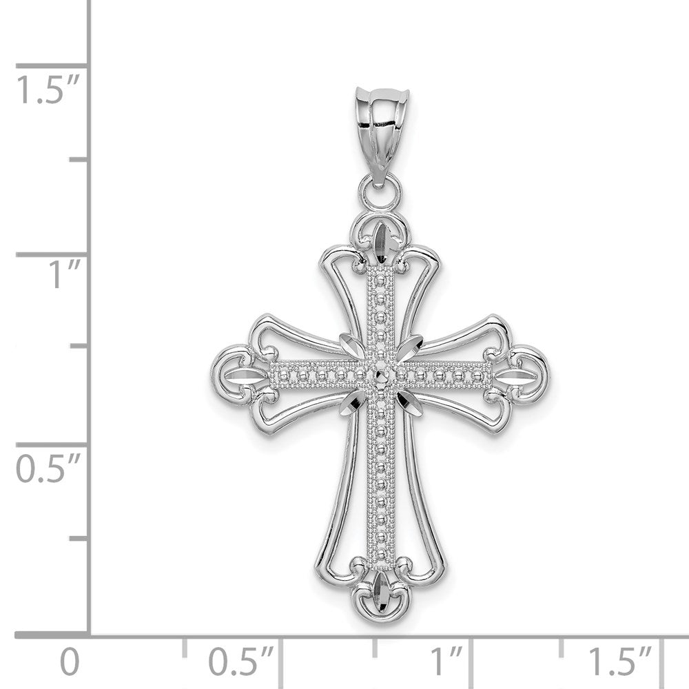 Million Charms 14K White Polished Diamond-Cut Textured Relgious Cross Pendant