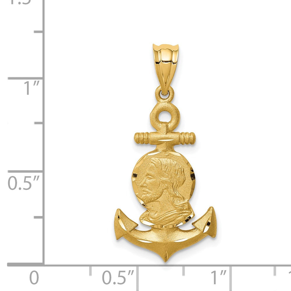 Million Charms 14K Yellow Gold Themed Brushed & Diamond-Cut Jesus Head Nautical Anchor Pendant