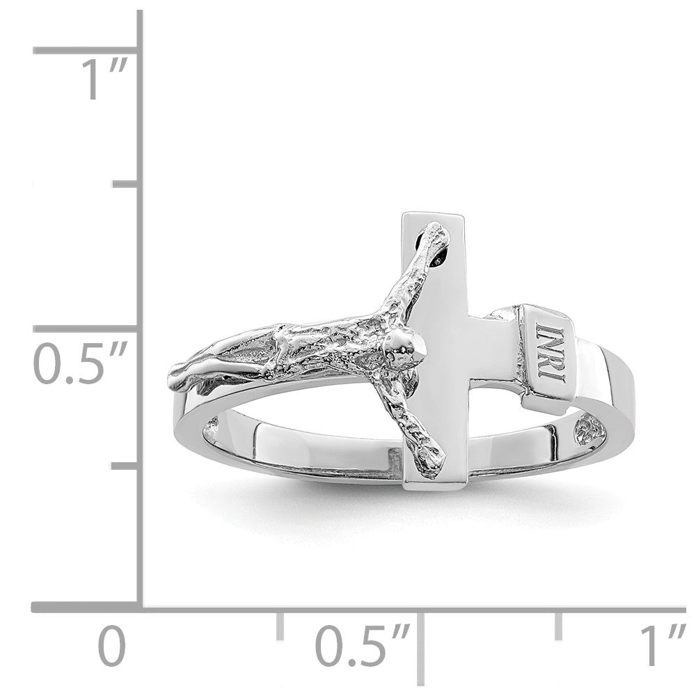 14K White Polished INRI Crucifix Ring, Size: 7