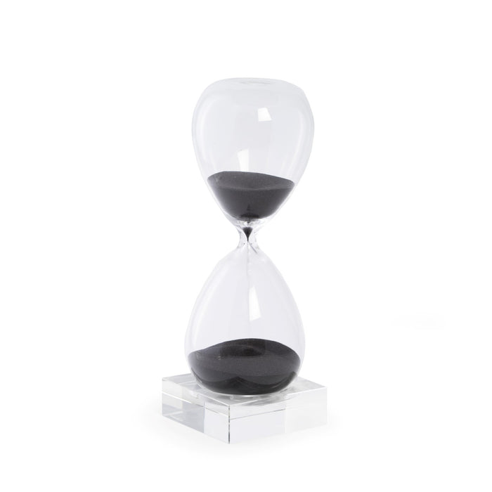 Occasion Gallery CLEAR/ BLACK Color 60 Minute Crystal Sand Timer on Crystal Base with Black Sand.  3.5 L x 3.5 W x 10.5 H in.