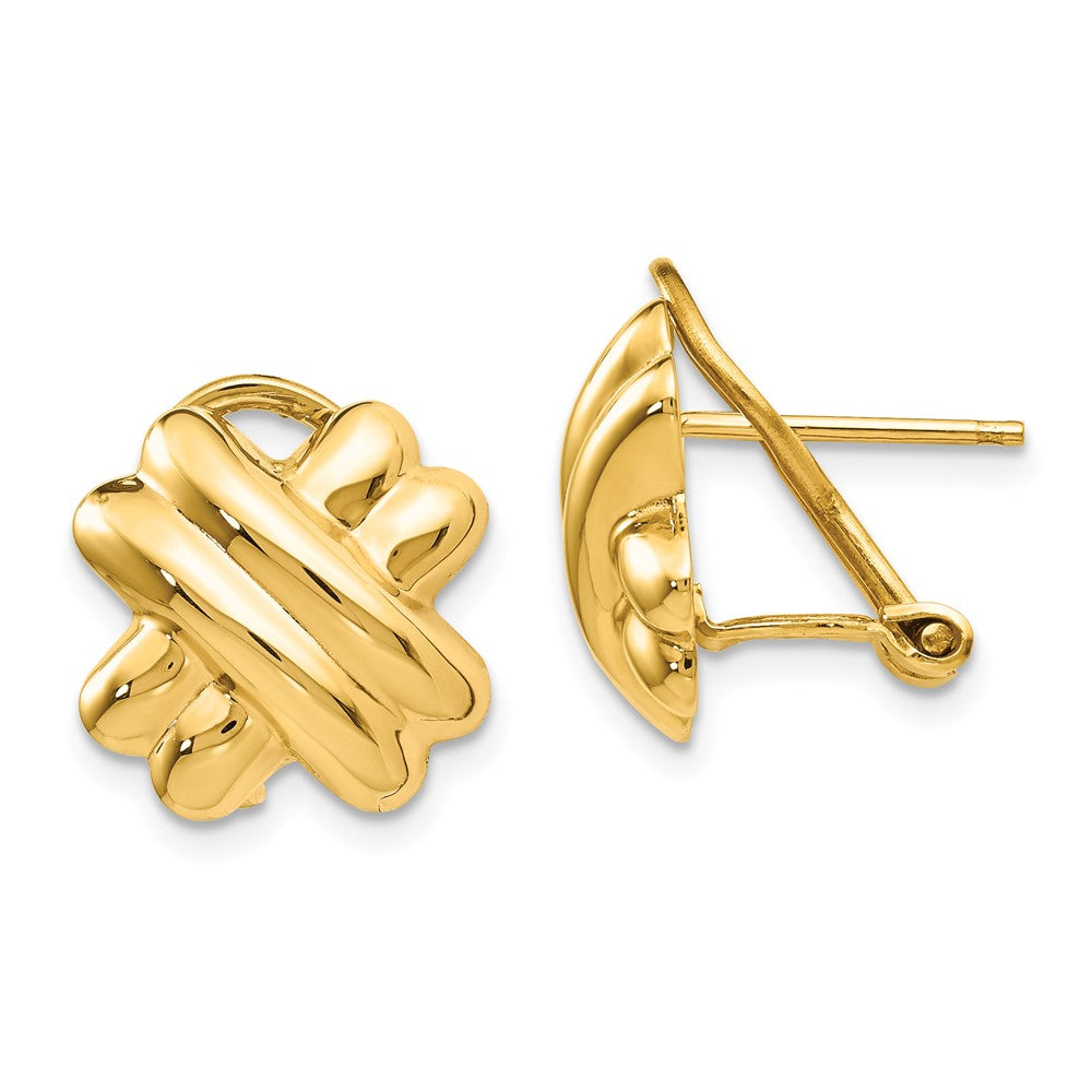 Million Charms 14k Yellow Gold Polished X Omega Back Post Earrings, 13mm x 13mm