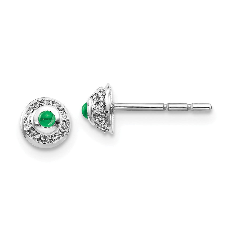 14k White Gold Diamond & Cabochon Emerald Earrings, 5mm x 5mm