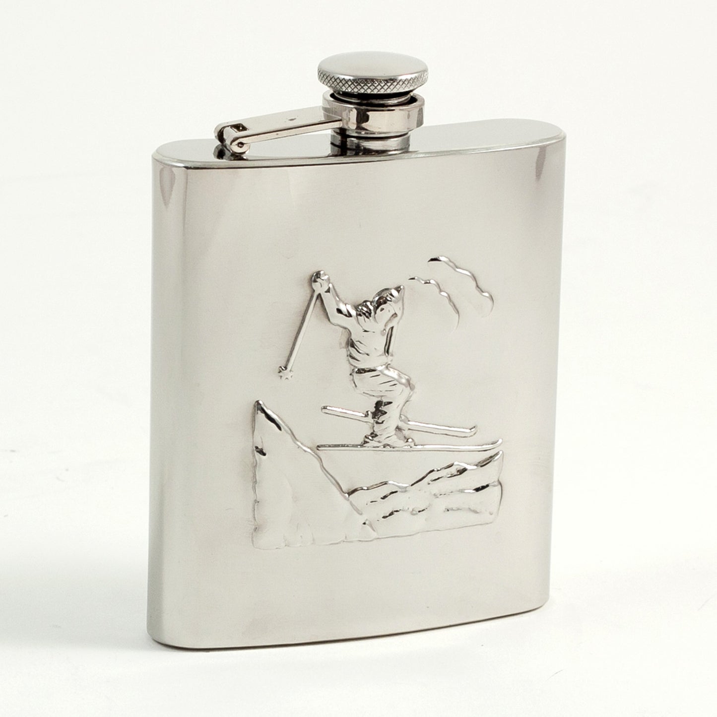 Occasion Gallery Silver Color 8 oz. Stainless Steel "Skier" Flask with Captive Cap and Durable Rubber Seal. 3.75 L x 0.75 W x 5.25 H in.