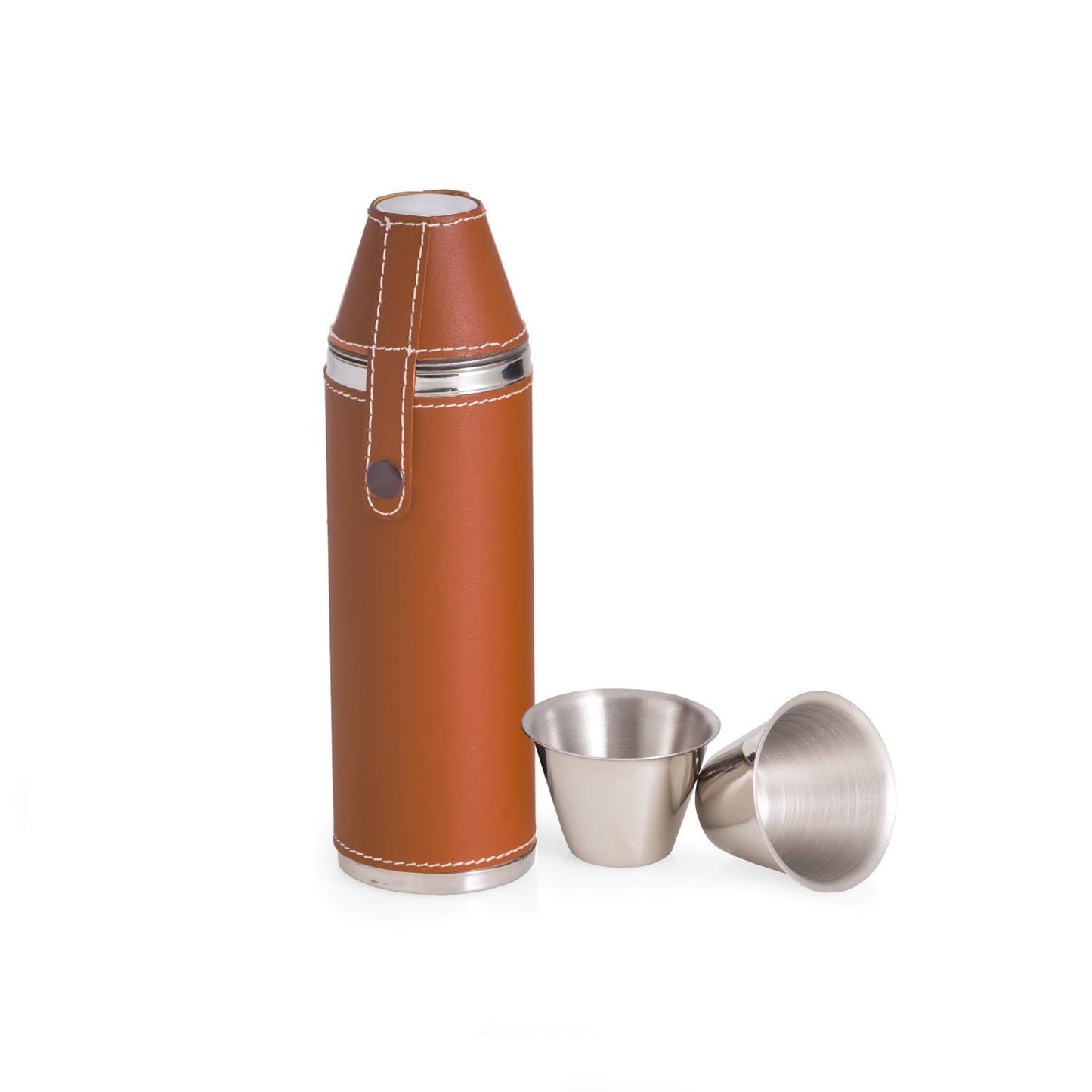 Occasion Gallery Tan/Silver Color 10 oz. Stainless Steel Tan Leather Cylinder Flask with Stitching and Two Cups. 2 L x 7 W x H in.