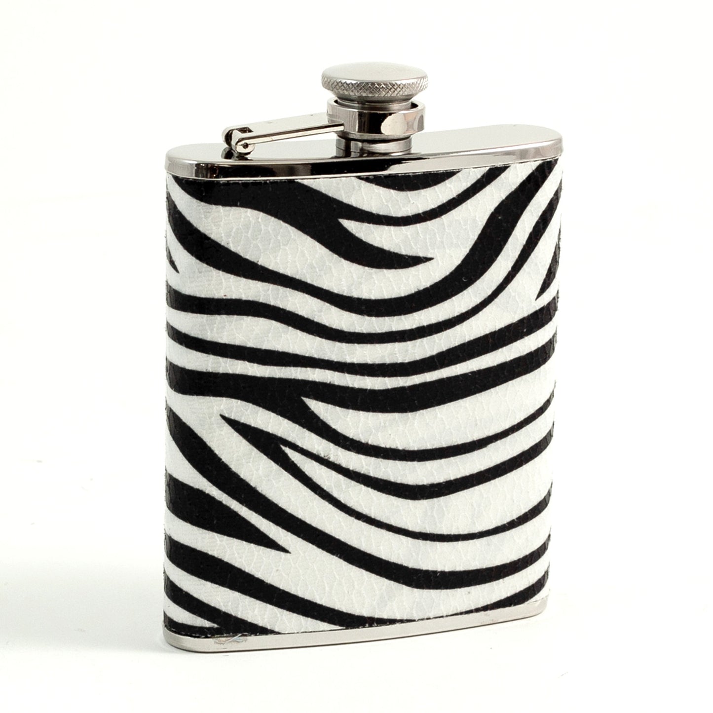 Occasion Gallery Zebra/Silver Color 6 oz. Stainless Steel "Zebra" Pattern Flask with Captive Cap and Durable Rubber Seal. 3.75 L x 5.35 W x 1 H in.