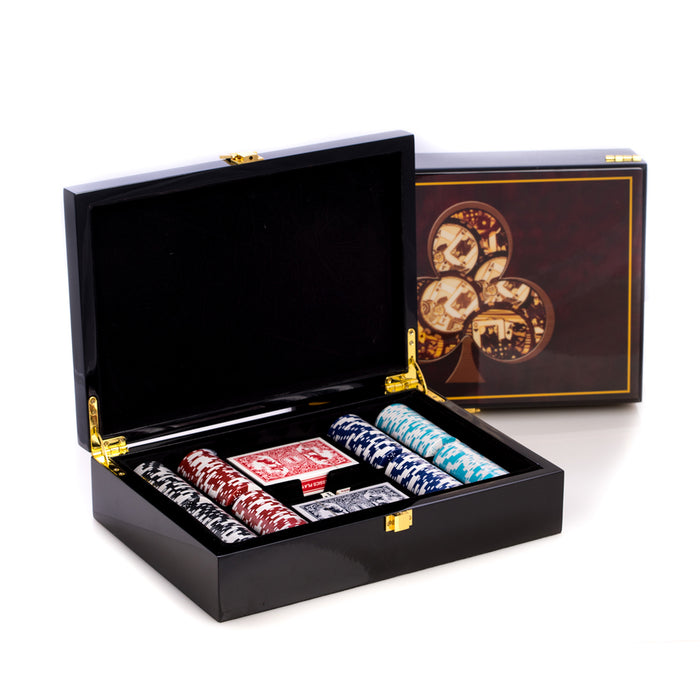 Occasion Gallery Brown Color Poker Set with 200, 11.5 gram Clay Composite Chips, Two Decks of Playing Cards & 5 Poker Dice in a Inlaid Lacquer Wood Box. 12.5 L x 8.75 W x 3.15 H in.