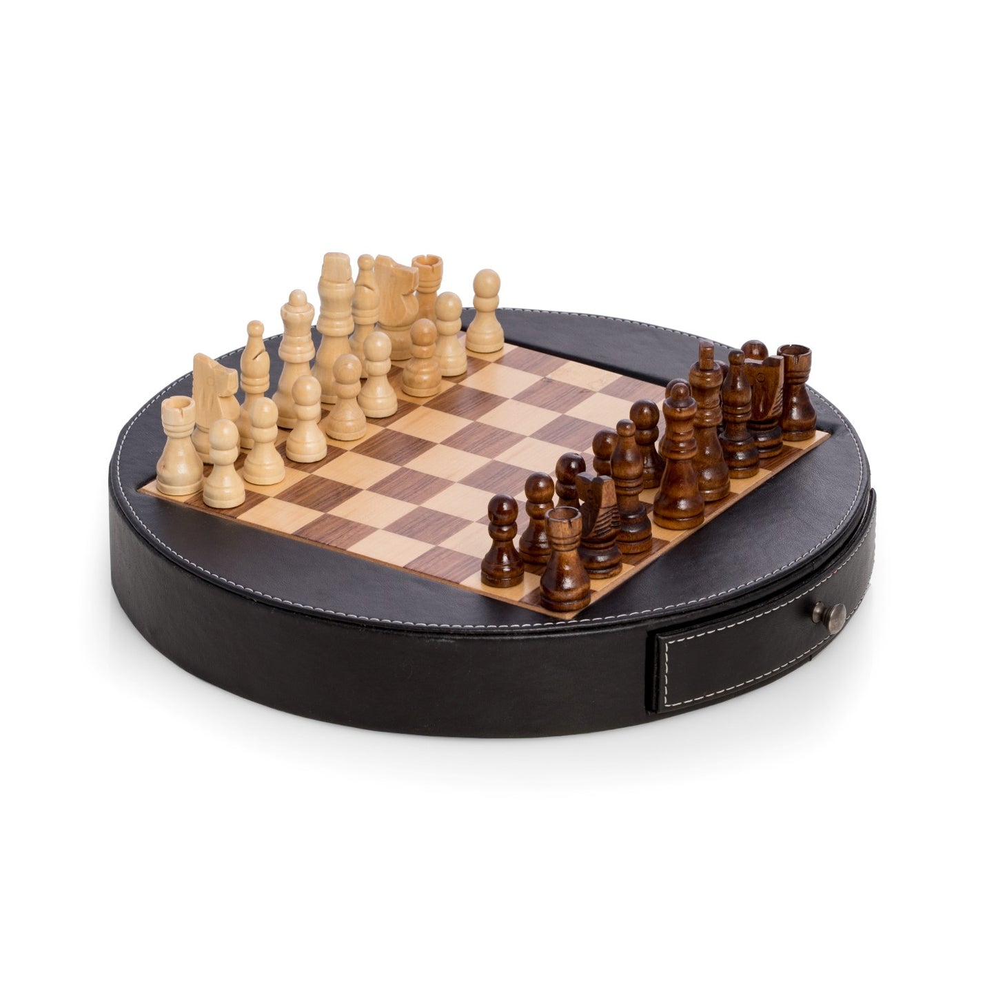 Occasion Gallery Black Color Chess Set in Wood with Black Leather Wrapped Around the Playing Board with Drawer for Game Pieces. Game Pions in Wood. 12 L x 1.75 W x H in.