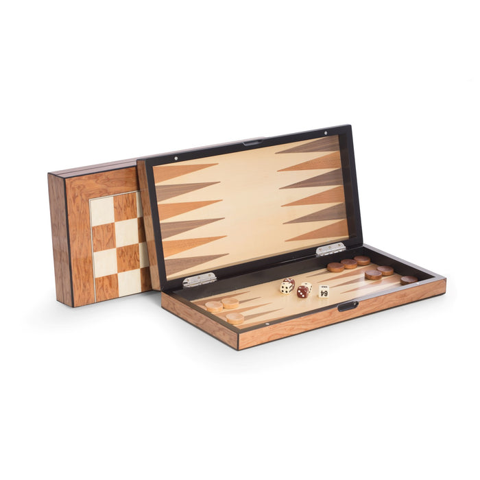 Occasion Gallery Brown Color Lacquer Finished 15.5" Brown Inlaid  Wood Backgammon & Chess Set. Features Weighed Pions, Wood Checkers, 2 set of Die, Doubling Dice, 2 Dice Cups and Magnetic Closure. 15.5 L x 8 W x 2.25 H in.