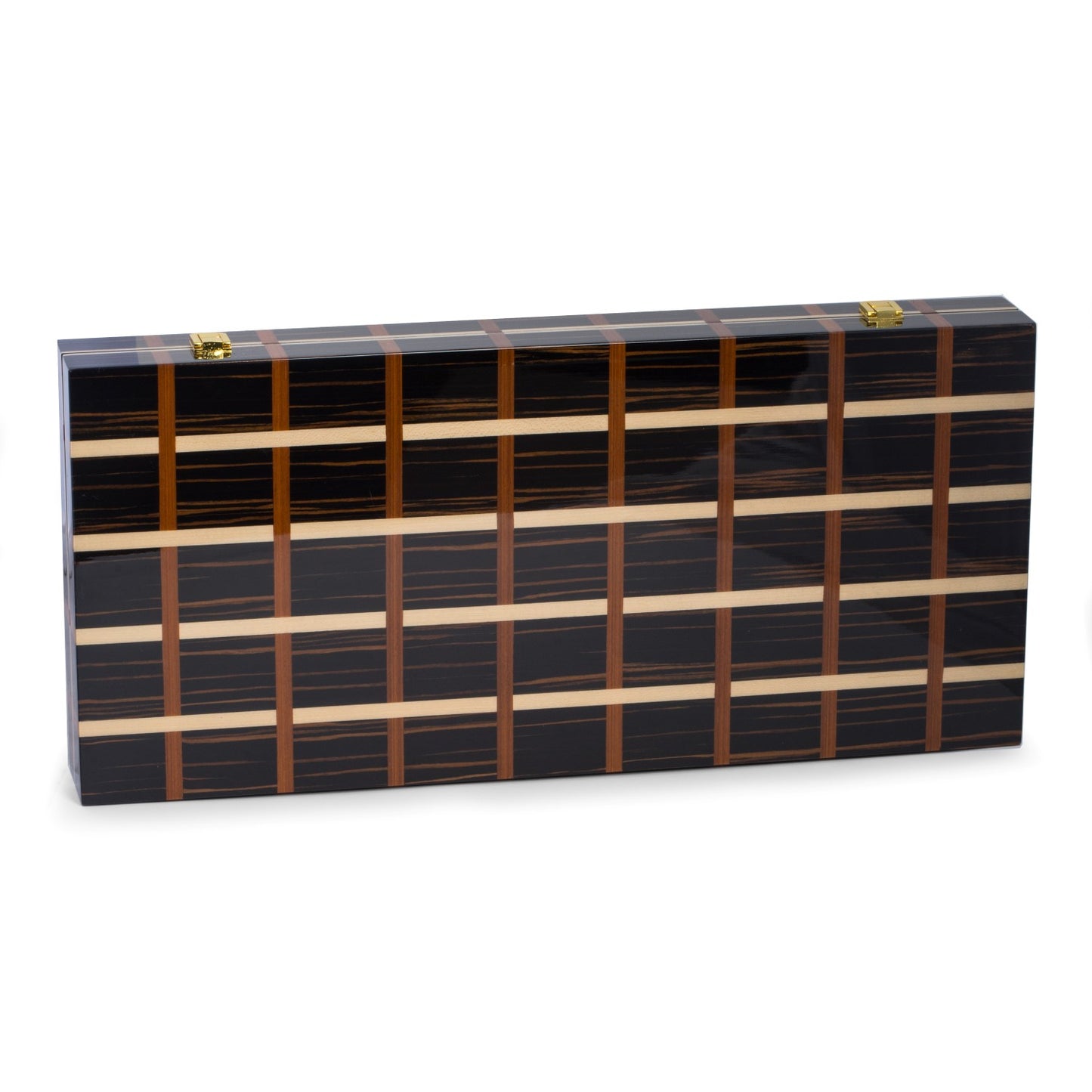 Occasion Gallery BLACK/TAN/BROWN Color Art Deco Design 21" Backgammon Set with Multi-Color Wood Inlay and Brass Hardware. 21 L x 9.75 W x 2.5 H in.