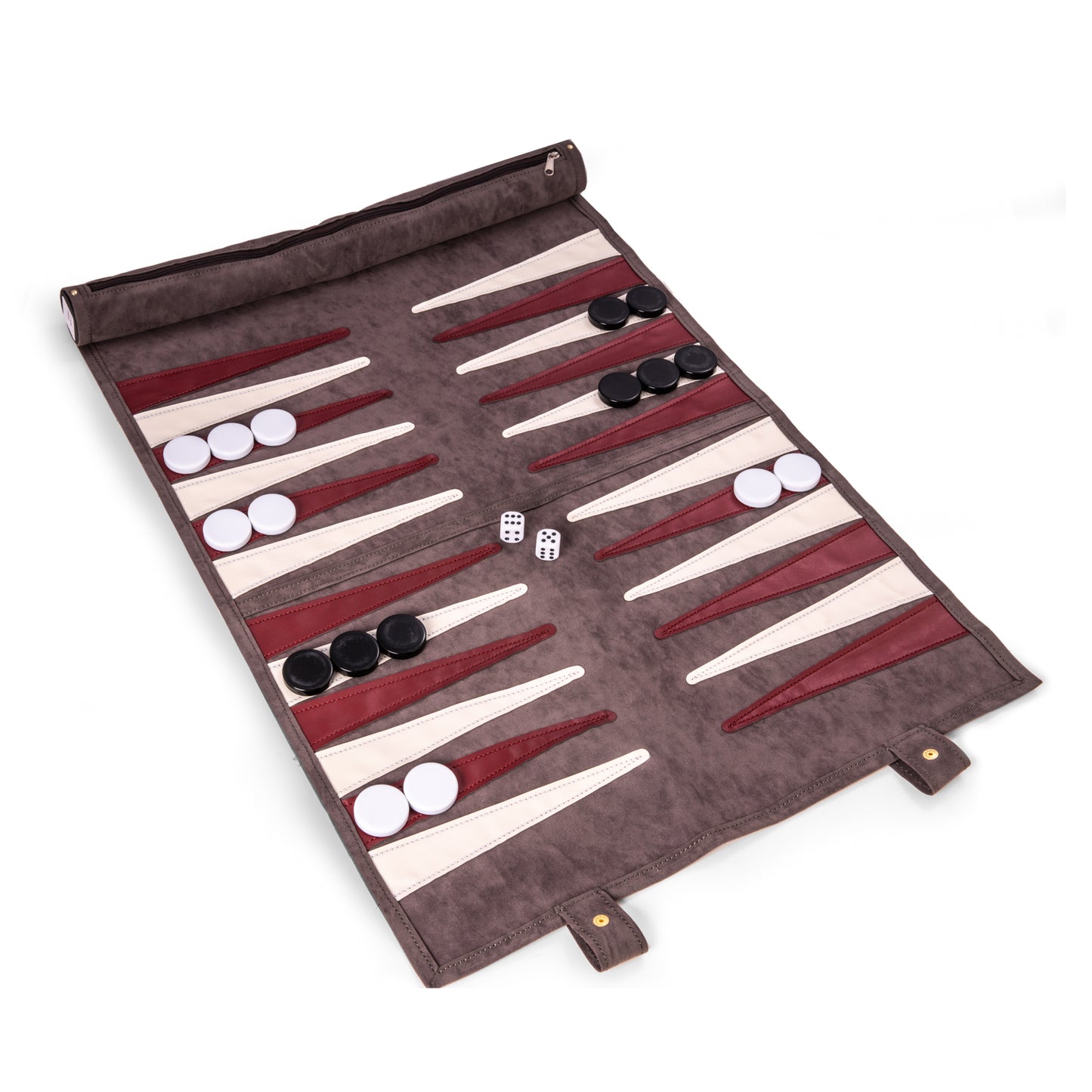 Occasion Gallery Grey Color Grey suede roll-up backgammon travel set with playing pieces included 24 L x 1.5 W x 16.75 H in.