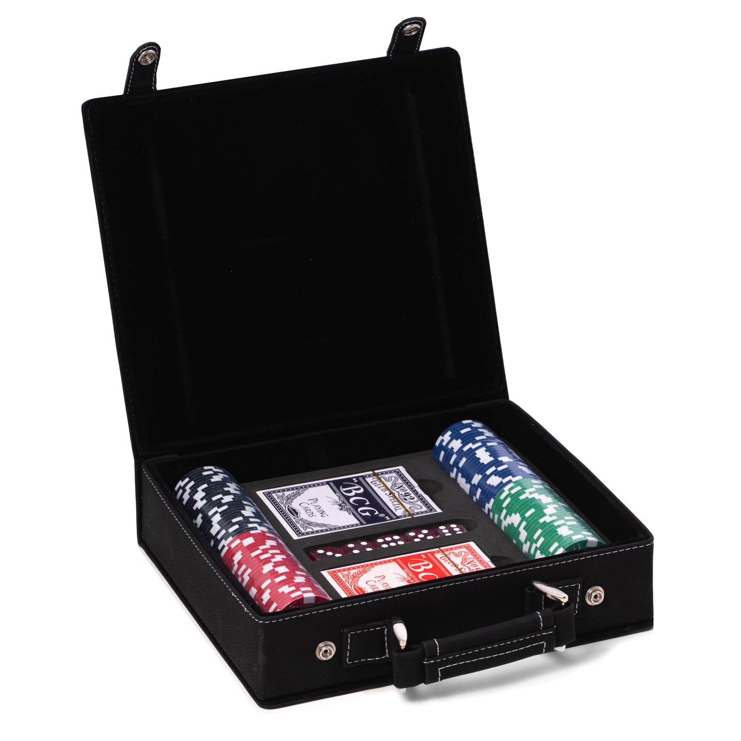 Occasion Gallery Black Color Sleek black poker set case with 100 clay poker chips, two decks of playing cards, 5 dice 9 L x 8 W x 2.25 H in.
