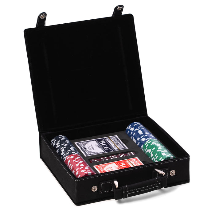 Occasion Gallery Black Color Sleek black poker set case with 100 clay poker chips, two decks of playing cards, 5 dice  9 L x 8 W x 2.25 H in.
