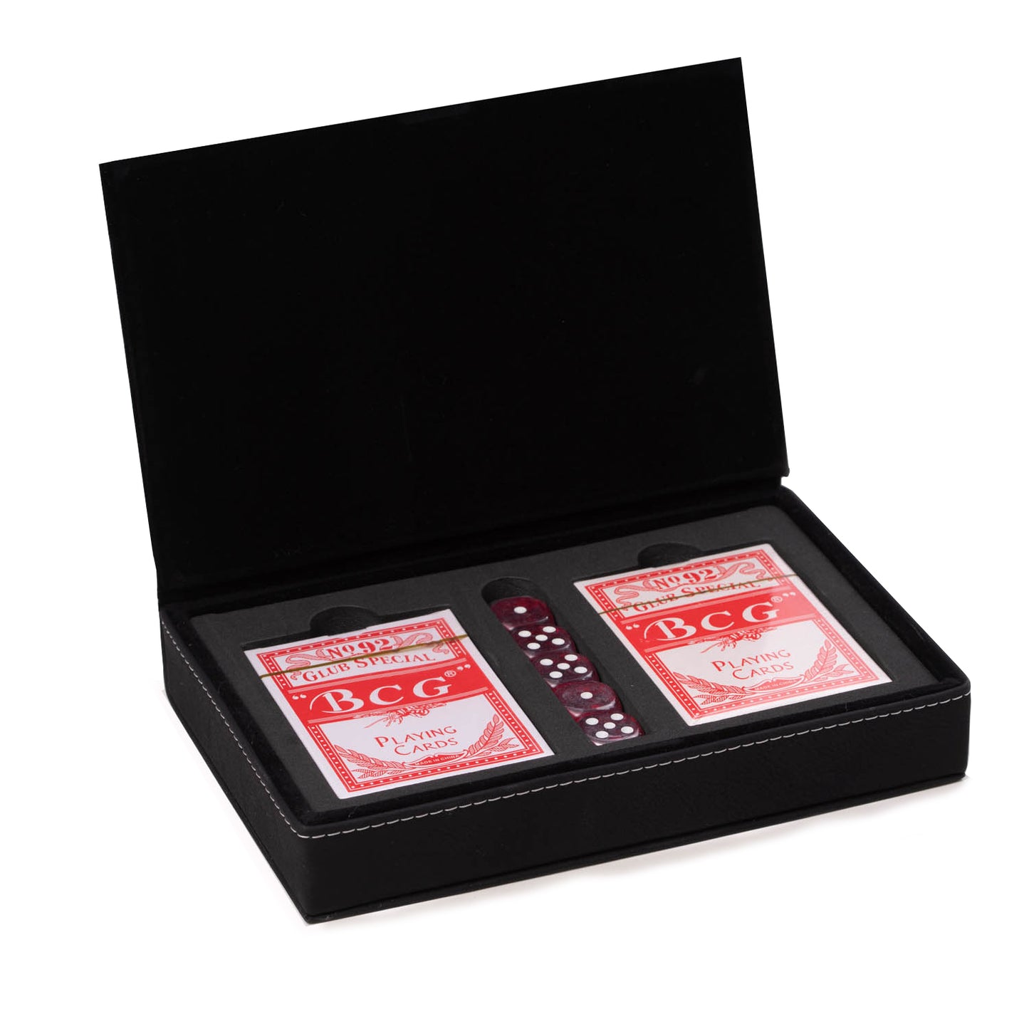 Occasion Gallery Black Color Sleek black game case with two decks of playing cards and 5 poker dice 8 L x 5 W x 1.5 H in.