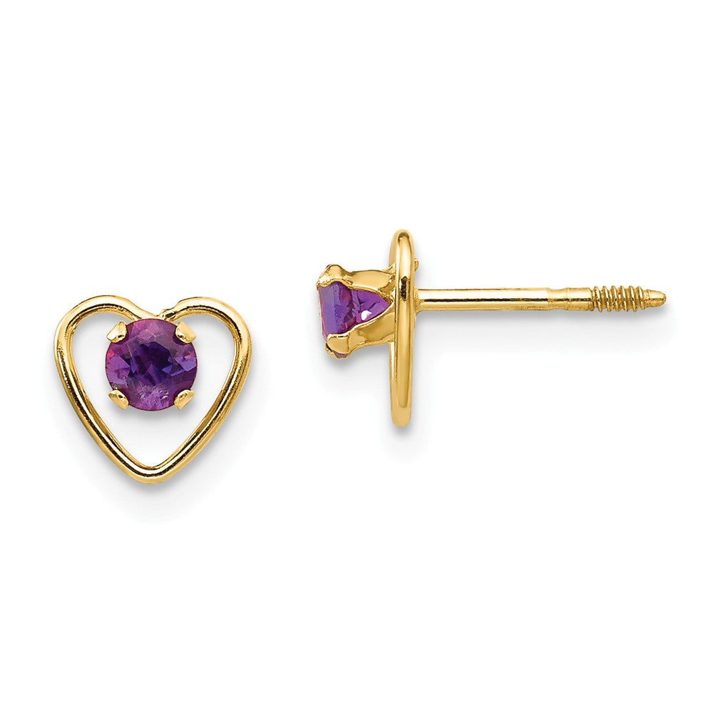 14k Yellow Gold Madi K 3mm Amethyst Birthstone Heart Earrings, 6mm x 6mm