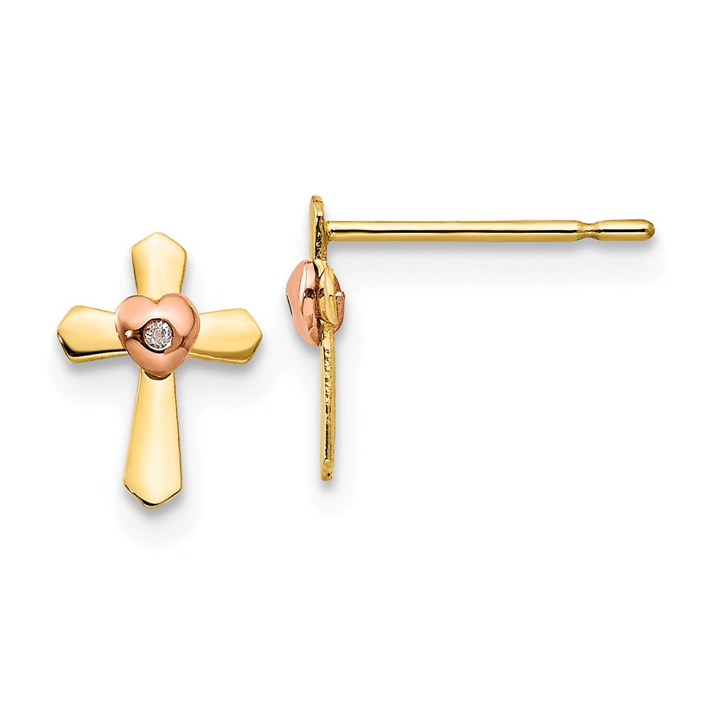 14k Yellow & Rose Gold Madi K Children's Cross Heart Post Earrings, 8mm x 6mm