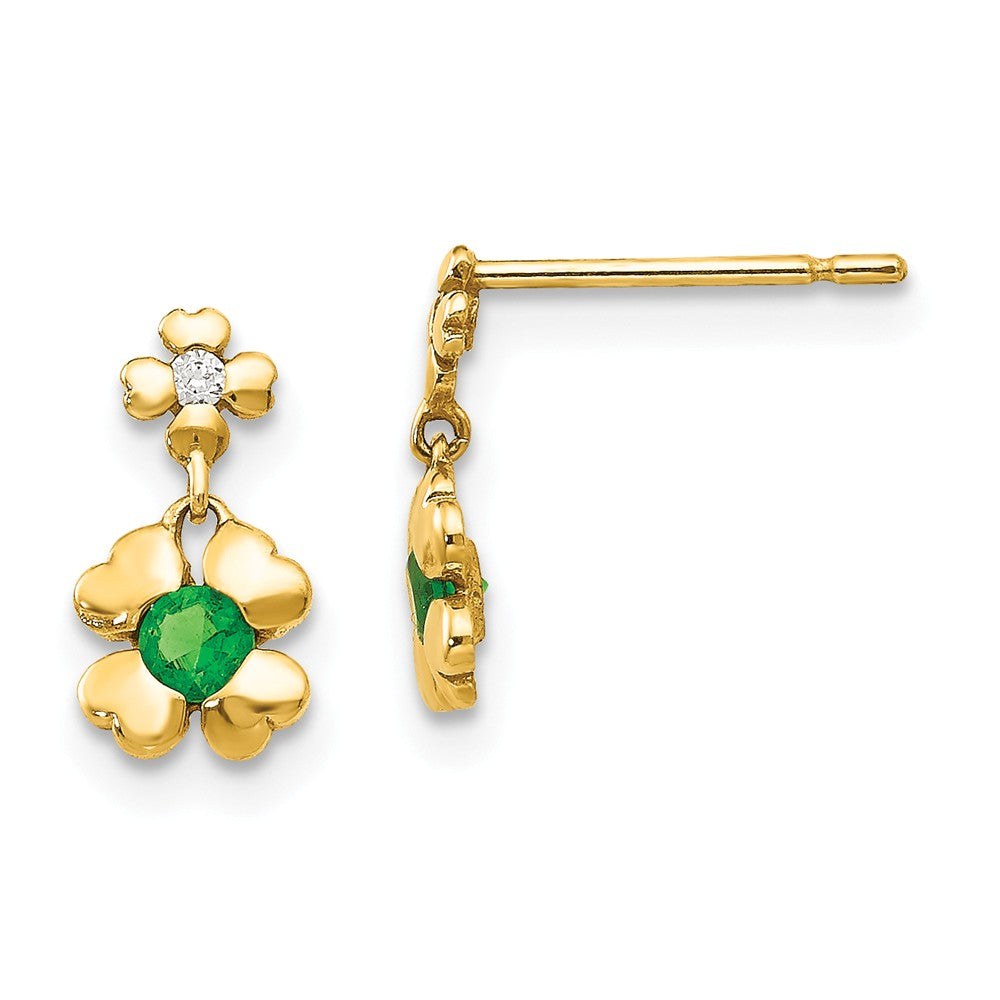 14k Yellow Gold Madi K Cubic Zirconia ( CZ ) Children's 4-leaf Clover Dangle Post Earrings, 10mm x 5mm