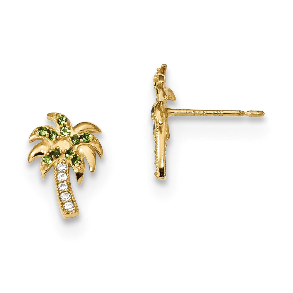 14k Yellow Gold Madi K Green & Clear Cubic Zirconia ( CZ ) Palm Tree Post Earrings, 11.2mm x 7.6mm