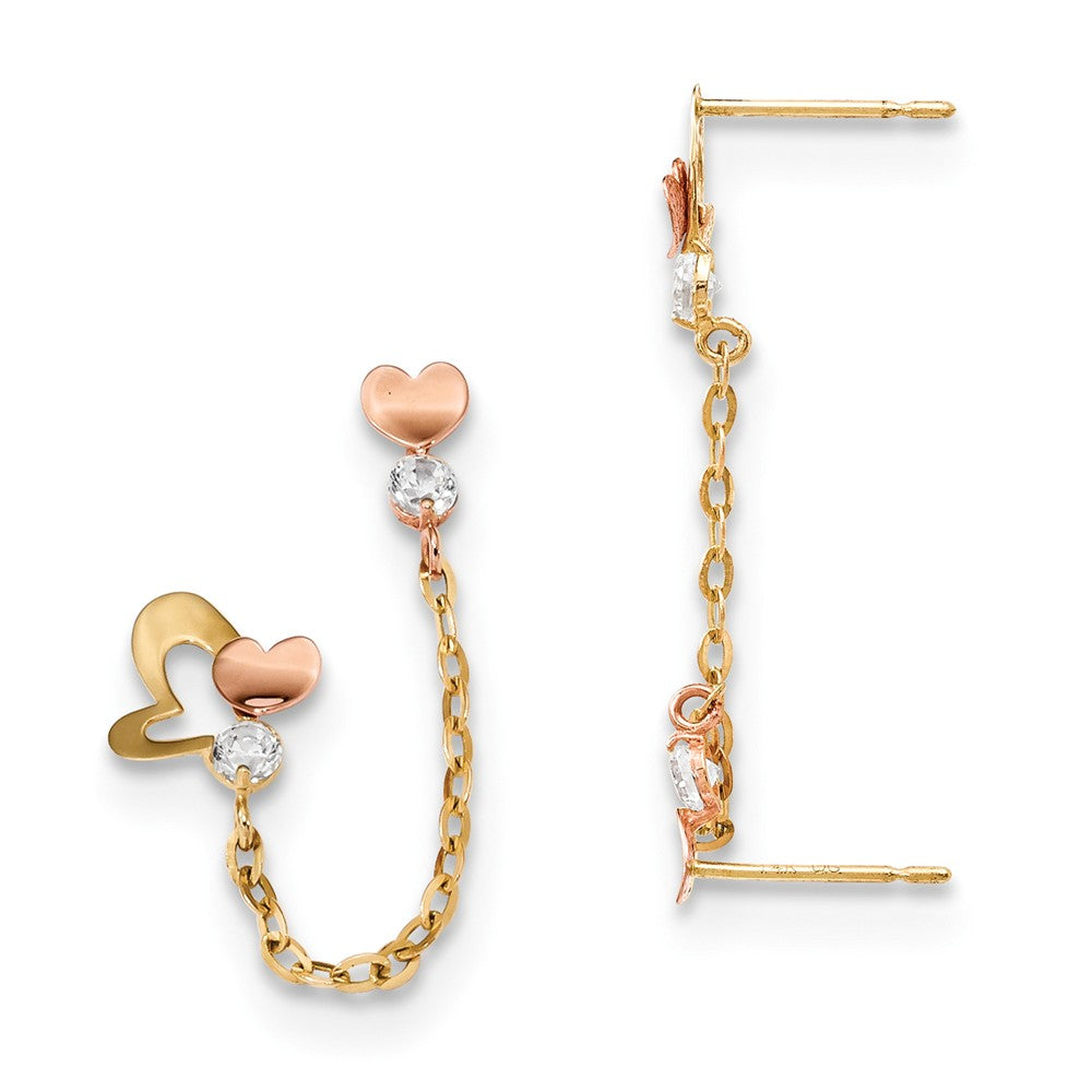 14k Madi K Two-tone Cubic Zirconia ( CZ ) Double Post with Chain Heart Earring, 42mm x 8.15mm